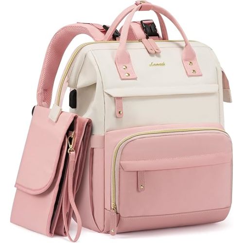 LOVEVOOK Diaper Bag Backpack, Baby Bag with Changing Station, Large Diaper Backpack for Moms Dads, Waterproof Leather Accents Baby Boy and Girl Bag for Travel Baby Essentials, Pink-Beige