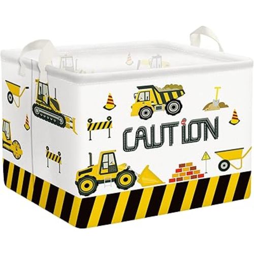 Clastyle Cartoon Construction Cars Shelf Basket for Kids Room Cranes Excavator Bulldozer White Rectangle Clothes Toys Cube Storage Basket, 36L