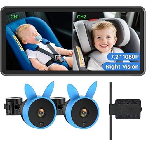 BV3PRO Baby Car Camera for 2 Kids, 7.2" 1080P HD Dual Screen, Soft Night Vision Comfortable for Baby, Baby Car Monitor for 2 Boys, Safe Driving for Back Seat and Pets