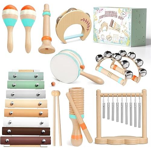 Toddler Musical Instruments-Musical Toys Montessori Wooden Toys for Toddlers 1-3 , Baby Musical Instruments with Modern Boho Xylophone Toddler Toys with Storage Bag for Kids Preschool Educational 3+