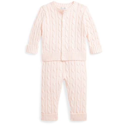 Cable-Knit Cotton Cardigan & Pant Set in Morning Pink | Over The Moon
