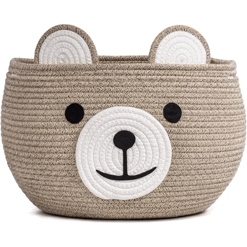 CherryNow Baby Basket for Nursery, Bear Gift Baskets for Kids, Baby Shower Basket with Handles, Small Cute Animal Baskets, Light Brown, 15.7" D x 10.5" H