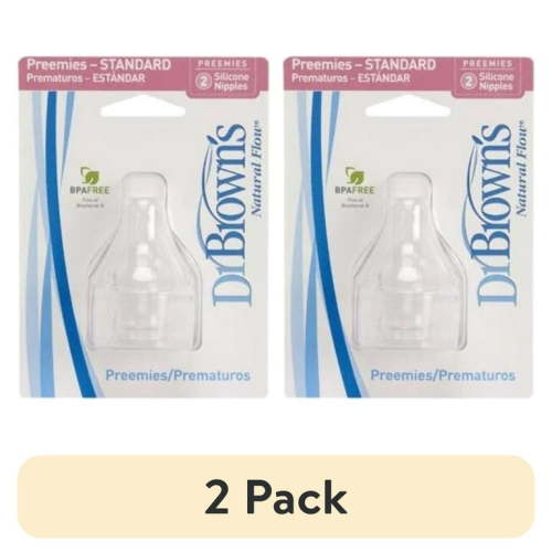 (2 pack) Dr. Brown's Natural Flow Preemie Flow Narrow Baby Bottle Silicone Nipple, Slowest Flow, 0m+, 100% Silicone Bottle Nipple, 2-Pack