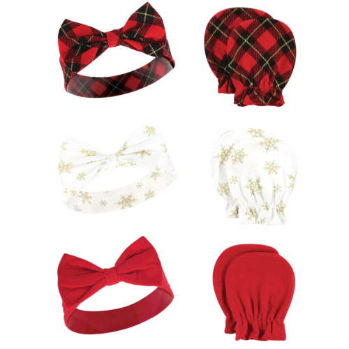 Hudson Baby Infant Girl Cotton Headband and Scratch Mitten Set, Fancy Plaid Snowflake, 0-6 Months