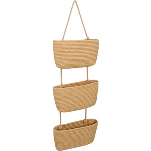 3-Tier Over The Door Basket Organizer with Iron Hook, Jute Rope Baskets for Storage for Notebooks, Magazines, Books, Mail, Flowers, Bathroom, Bedroom (Beige, 15x3x4 in)
