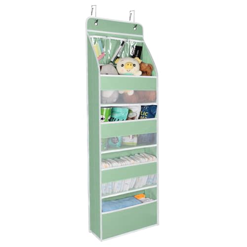 Univivi Over Door Organizer Baby Door Storage Wall Mount Storage with 3 Small PVC Pockets and 4 Large Pockets Ideal for Baby Stuff, Toiletries and Sundries (Green)