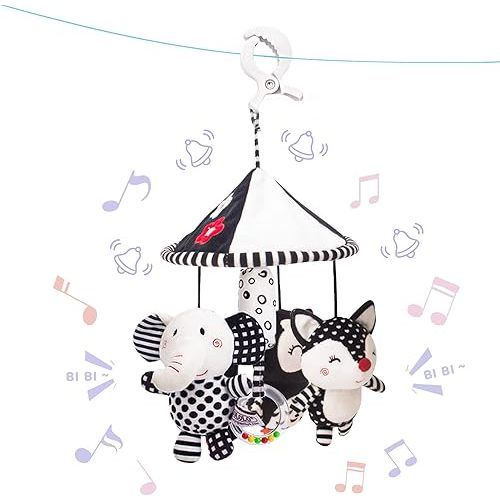 AUYYOSK Black and White High Contrast Baby Toys,Car Seat Toys for Newborn,Hanging Baby Toys, Stroller Toy for 0 3 6 12 Months,Infant Rattle Toys