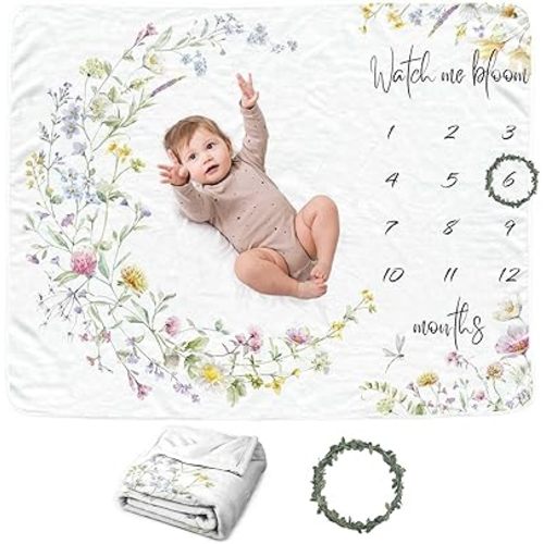 Wildflower Baby Monthly Blanket for Girls, Boho Floral Moon Nursery Decor, Babys First Year Photography Background, for New Moms