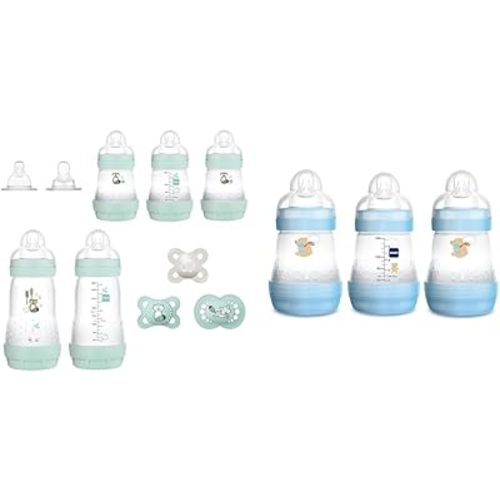 MAM Matte Essentials Gift Set, 10 Pieces, Newborn Boy & MAM Easy Start Anti Colic Baby Bottles, 3 Pack, Newborn Boy