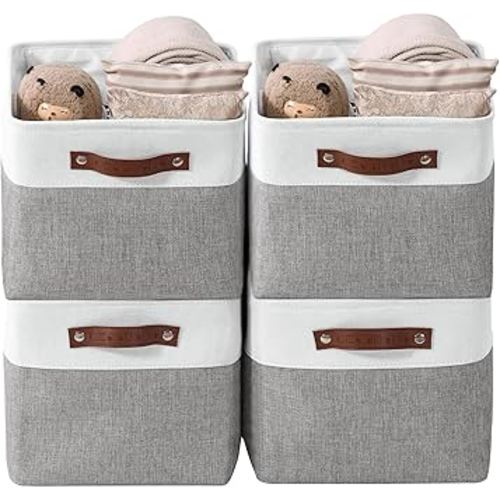 DECOMOMO Storage Baskets for Shelves - Fabric Storage Bins, Linen Closet Organizers and Storage (Grey & White, Large - 4 Pack)