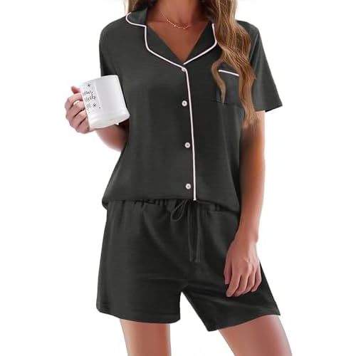 Ekouaer Pajamas Set for Women Short Sleeve Sleepwear Button Down Pjs Soft 2 Piece Lounge Sets