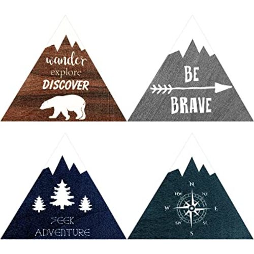 4 Pieces Inspirational Wooden Nursery Wall Sign - Rustic Mountain Nature Forest Woodland Adventure Motivational Hanging Decor with Hook for Baby Bedroom (Classic Colors)