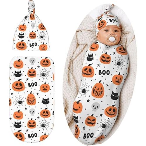 Halloween Pumpkins Baby Stuff Swaddle Blanket Hat Set for Boys Girls, Soft Newborn Swaddle Wrap Receiving Blanket Shower Gift