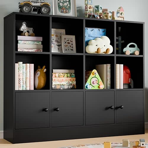 Cozy Castle Black Wood Bookcase,12 Cube Storage Organizer Bookshelf with 4 Doors,3 Tier Storage Cabinet with Adjustable Shelves for Bedroom, Living Room, Office