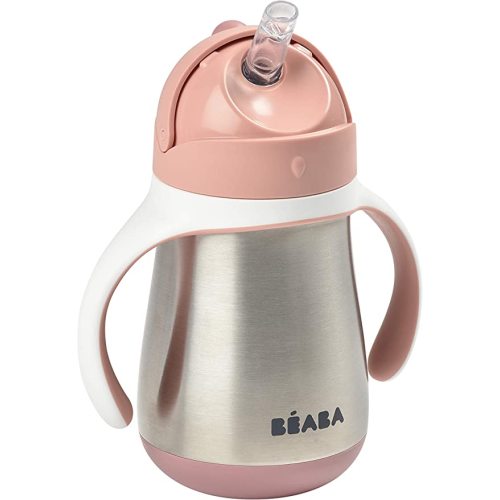 Beaba Stainless Steel Straw Sippy Cup, Sippy Cup with Removable Handles, Sippy Cup with Straw, 8+ months, 8.5 oz (Rose)