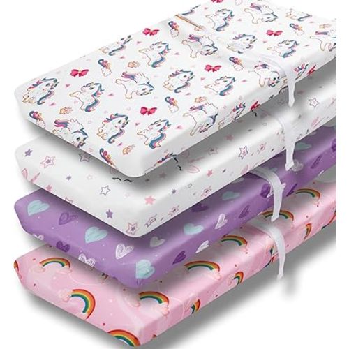 4 Pack Soft Baby Girl Changing Pad Cover Sheets for Chaning Pad Unicron Rainbow Heart Cute Neutral Polyester Unisex Fitted Changing Pad Cover Sheets Set for Baby Girls