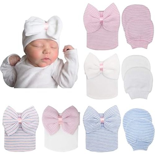 BQUBO Newborn Baby Caps Mittens for Baby Girls Baby Hats Scratch Mitten Gloves Set Soft Hospital Hat Infant Hats with Bow
