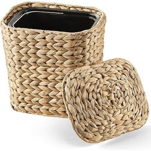 1.3 Gallons Wicker Woven Waste Basket with Lid - Oval Water Hyacinth Trash Can with Handles - Seagrass Garbage Can for Bedroom, Bathroom, Kitchen, Office - Handwoven Slim Bin for Under Sink
