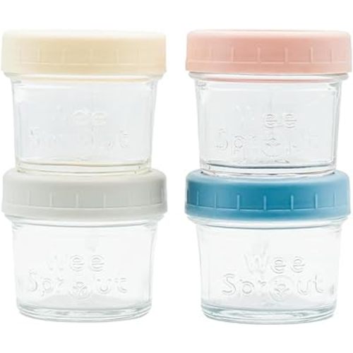 WeeSprout Glass Baby Food Storage Jars w/Lids (4 oz, 4 Pack Set) Snack, Puree, Reusable Small Containers, Breast Milk, Fridge or Freezer, Microwave & Dishwasher Safe, Essential Must Have for Infants