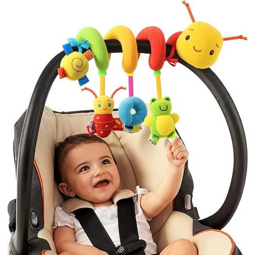 Car Seat Toys for Babies 0-6 Months, Hanging Carseat Toys for Infants 0-12 Months, Spiral Plush Caterpillar Sensory Stroller Toy with Rattles for Baby Essentials Newborn Boy Girl Shower Gifts