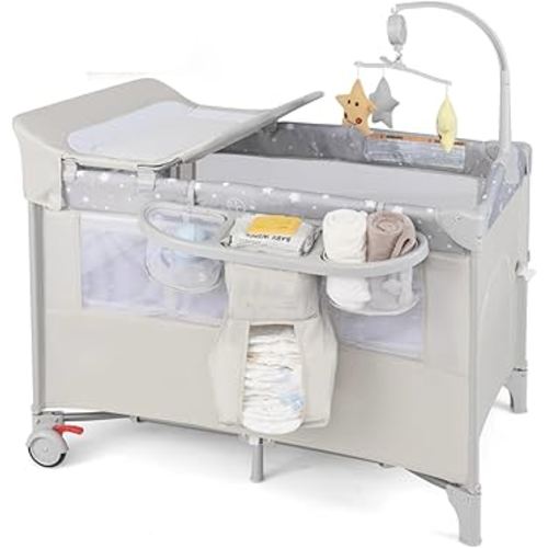 BABY JOY 5-in-1 Pack and Play, Portable Baby Bedside Sleeper with Bassinet, U-Shaped Diaper Changer, Safety Strap, Side Zipper Entrance, Hangings, Bedside Crib Playard from Newborn to Toddlers (Beige)