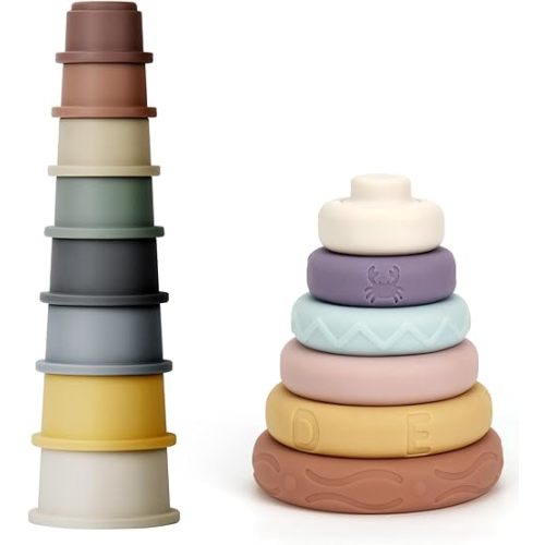 Mini Tudou 14-Pcs Montessori Nesting Cups & Building Rings Stacker, 6Mo+