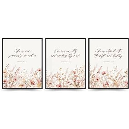 PLKMK Christian Nursery Decor,Wildflower Nursery Wall Art Prints 8x10,Girl Nursery Wall Art Print,Bible Verse Floral Wall Art for Bedroom Playroom Baby Girl Gift,Set of 3 Unframed (Beige)