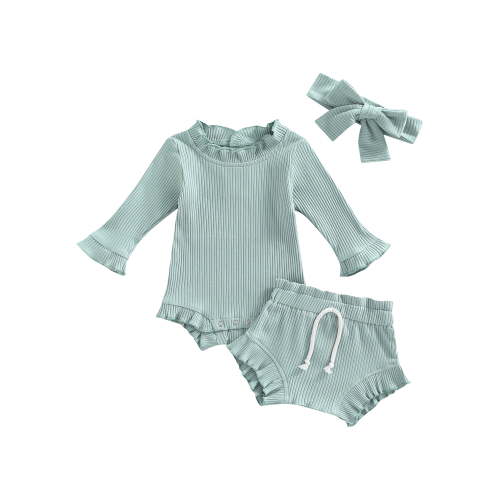 Franhais Girls Three Pieces Clothes Outfit, Round Neck Long Sleeve Ruffle Tops + Shorts + Headwrap