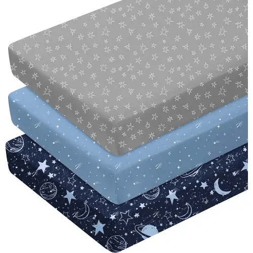 Pack and Play Sheets Fitted 2 Pack, Mini Crib Sheets for Pack N Play Mattress Stretchy Portable Playard Sheets, Soft Breathable Dark Blue Planet