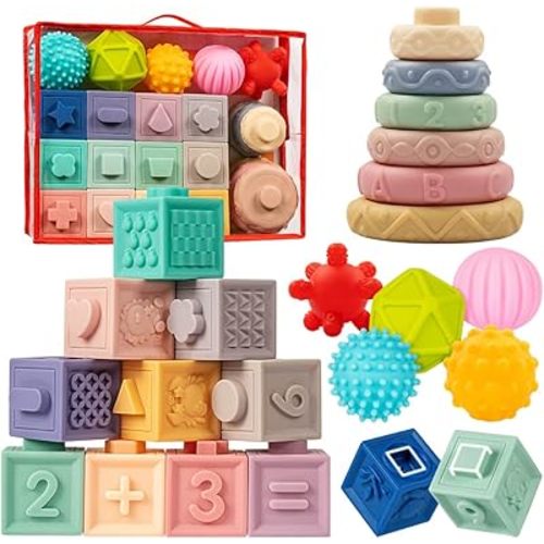 Jyusmile Baby Toys 6-12 Months, Montessori Toy for Babies 6-12 Months, Incl Stacking Building Blocks & Soft Infant Teething Toys & Sensory Balls for Toddlers 0-3-6-9-12 Month