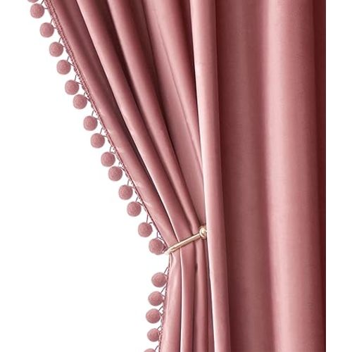 MIULEE Blush Pink Pom Pom Velvet Curtains for Kids Bedroom/Living Room Darkening Thermal Insulating 84 Inches Long Boho Blackout Curtains with Rod Pocket for Girls Room/Nursery/Home Theater Set of 2