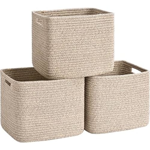 3 Pack Cube Storage Bin, 12”x12”x10” Cotton Rope Woven Baskets for Organizing Toys Clothes Towels, Square Gift Storage Baskets for Shelves, Nursery, Closet, Bathroom, Pantry (Jute)