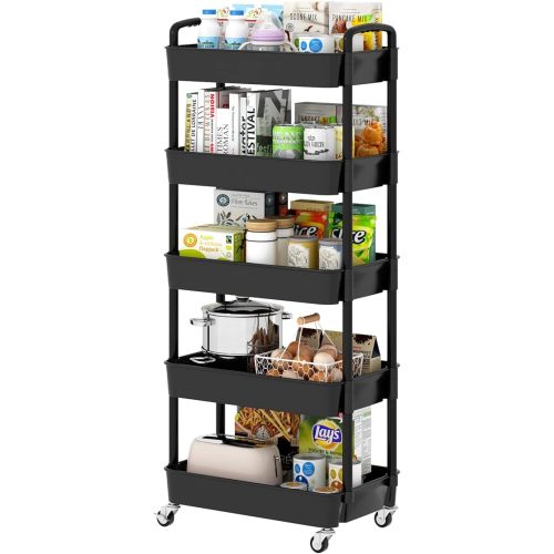 Sywhitta 5-Tier Plastic Rolling Utility Cart with Handle, Multi-Functional Storage Trolley for Office, Living Room, Kitchen, Movable Storage Organizer with Wheels, Black