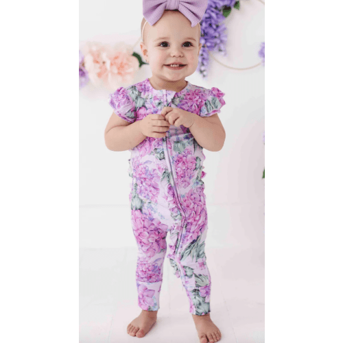 You Had Me At Hydrangea Ruffle Zipper Romper - Cap Sleeves