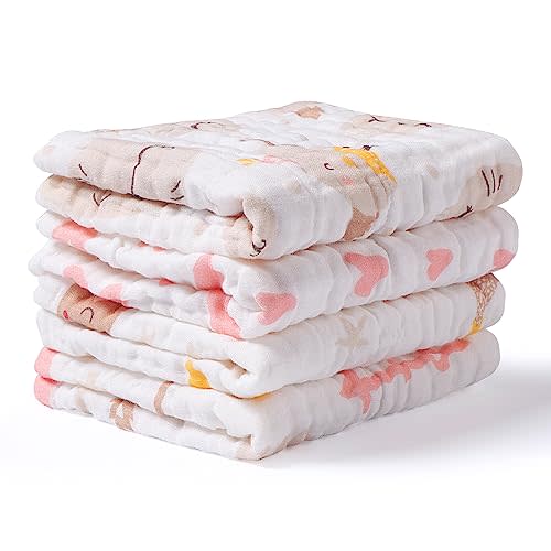 Viviland Baby Muslin Burp Cloths, 10 x 20 inches 6-Layer Baby Bath Towels, 100% Cotton Super Absorbent Washcloths for Baby Girl and Boy, Pink Heart & Star Pattern 4 Pack