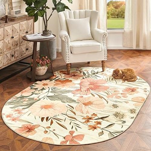 jinchan Spring Summer Floral Area Rug 5x7 Oval Rug Living Room Washable Modern Oriental Flower Print Non Slip Carpet for Bedroom Dining Room Entryway Home Office Pink/Grey