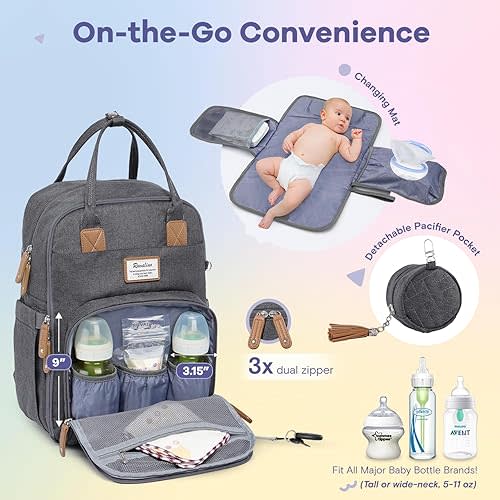 RUVALINO Diaper Bag Backpack - All-in-One Travel Backpack for Girl, Baby Bag for Mom, Multifunction Waterproof Backpack with Changing Pad, Stroller Strap, Pacifier Case - Baby Shower Gifts - Dark Gray