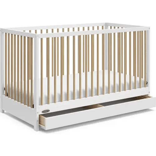 Graco Teddi 5-in-1 Convertible Crib with Drawer (White with Driftwood) – GREENGUARD Gold Certified, Crib with Drawer Combo, Full-Size Nursery Storage Drawer, Converts to Toddler Bed