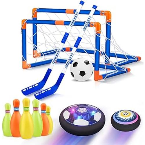 Hover Soccer Ball for Kids, 4-in-1 Hover Hockey Bowling Set, Indoor and Outdoor Sports Toys for Kids Ages 3 4 5 6 7 8-12 - Rechargeable LED Soccer Games Toys for 3-12 Year Old Boys