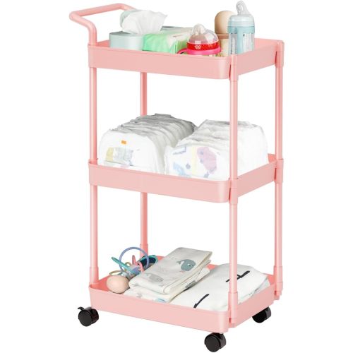 Baby Diaper Caddy – Plastic Diaper Organizer for Nursery Essentials, Movable Cart for Changing Table & Crib, Easy to Assemble, Pink