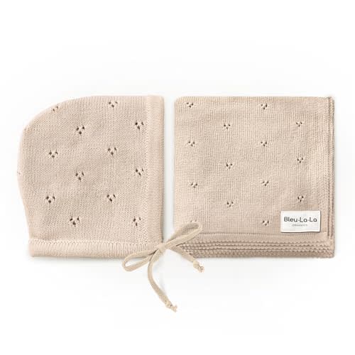 Bleu La La Organic Pointelle Baby Blanket + Hat Gift Set for Boys & Girls - 100% Soft Luxury Cotton Swaddle Blanket + Bonnett Registry for Newborns & Infants (Oatmeal + Hat)