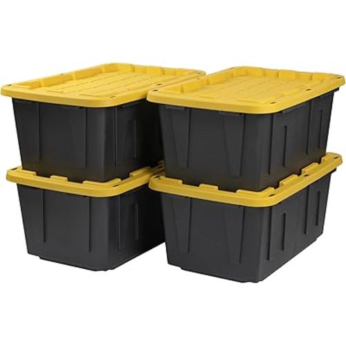 CX BLACK & YELLOW, 27-Gallon Heavy Duty Tough Storage Container & Snap-Tight Lid, (14.3"H x 20.6"W x 30.6"D), Weather-Resistant Design and Stackable Organization Tote [4 Pack]