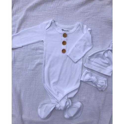 WHITE Organic Cotton Knotted Gown, 0-3 Months, Going Home Set, Shower Gift, New Baby, Photo Prop, Gender Neutral