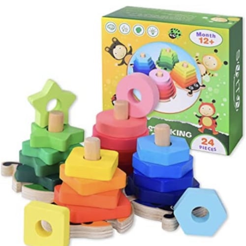 SMTTW Wooden Sorting & Stacking Toys for 1-3 Toddlers, Montessori Toys Educational Shape Sorter Color Recognition Toys for Boys Girls, Preschool Kids Learning Puzzle Gift(4 Shapes 20 Pieces)