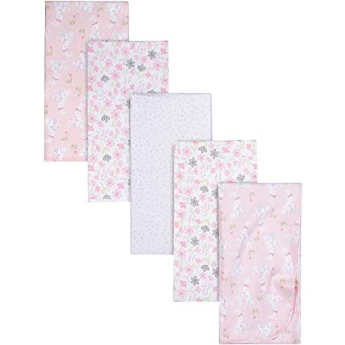 Gerber Girls Newborn Infant Baby Toddler Nursery 100% Cotton Flannel Receiving Swaddle Blanket, Mommy & Me Bunny, White, Pack of 5