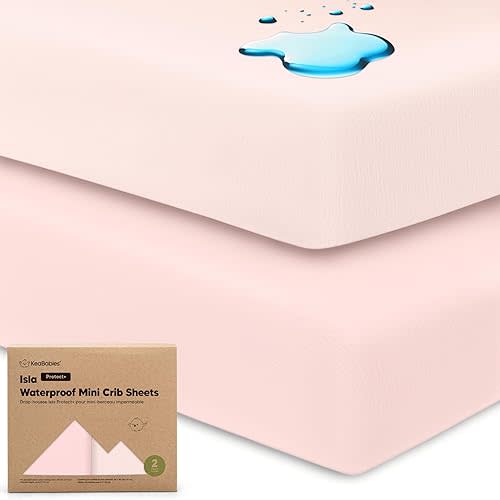 2-Pack Waterproof Pack and Play Sheets, Mini Crib Sheets Fitted for Boy, Girl - 38 x 26 Viscose from Bamboo Pack N Play Mattress Sheets for Graco, Toddler Playard Baby Crib Sheets Neutral (Mist Rose)