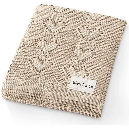 Bleu La La 100% Luxury Cotton Heart Swaddle Knit Baby Blanket for Girls and Boys - Soft Warm Cozy Swaddling Receiving Stroller Crib Blanket for Newborns Infants & Toddlers (Oatmeal, 0-2 Years)