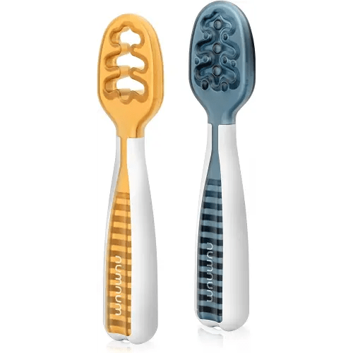 NumNum Baby Spoons Set, Baby Essentials Pre-Spoon GOOtensils for 6+ Months, First Stage Self-Feeding Spoons for Baby Led Weaning (BLW), Silicone Toddler Utensils, BPA-Free, 2 Pack Blue/Orange