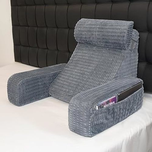 Reading Pillow for Bed, 19" Back Pillow for Bed Sitting up, Big Pockets & Built-in Arms, Backrest Cushion, Wedge Support for Reclining/Reading/Resting/Watching TV, Washable Cover, Slate Blue