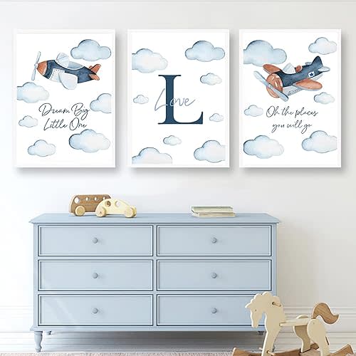 Cartoon Airplane Wall Art White and Blue Clouds Art Print Kids Inspirational Wall Art White Blue and Brown Nursery Print Cartoon Aircraft Artwork Nursery Room Wall Decor Baby Boy 12x16inx3pcs No Frame